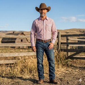 Wrangler Men's Western Shirt Pearl Snap Buttons Red and White Striped Shirt XL